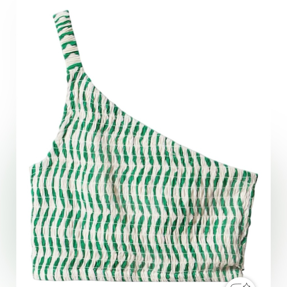 Mango One-Shoulder Green & White Smocked Crop Top